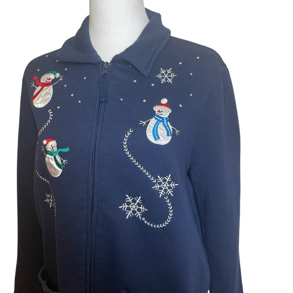 Breckenridge Petite Blue Snowman Button Front Cardigan Large Winter Holiday Warm - Picture 4 of 11